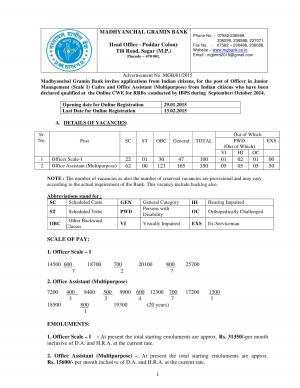 Madhyanchal Gramin Bank Notified Recruitment for 450 Officer Scale-I & Office Asst. Posts 2015