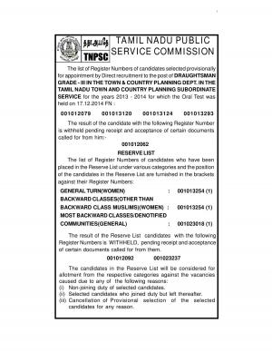 TNPSC Announced the result of Interview for Draughtsman (Grade – III) 2014