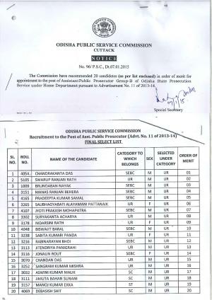 OPSC Asst. Public Prosecutor Post 2014: Final Selection List Released