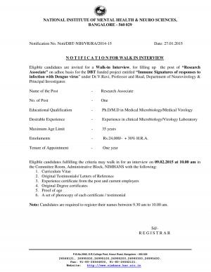 NIMHANS, Bangalore Notified Recruitment for Research Associate Post 2015