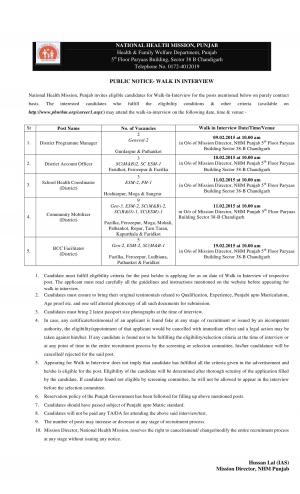 National Health Mission Health and Family Welfare Department Punjab Walk in Interview