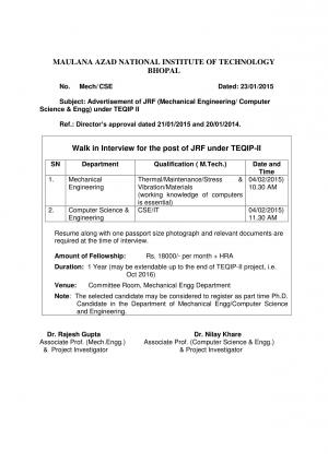 MANIT Bhopal Notified Recruitment for 01 JRF Post 2015