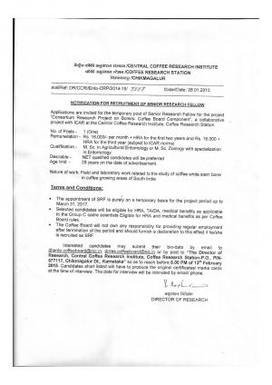 Central Coffee Research Institute Notified Recruitment to SRF Posts 2015