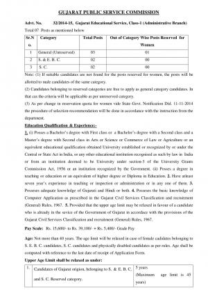 GPSC Notified Recruitment for 07 Gujarat Educational Service, Class-1 Posts 2015