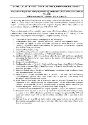 Central Bank of India Declared Final Result for SWO-A Post 2014-15