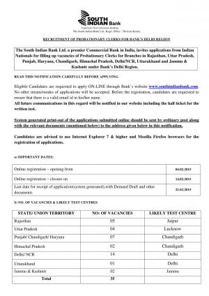 South Indian Bank Notified Recruitment for 35 Posts of Probationary Clerks 2015