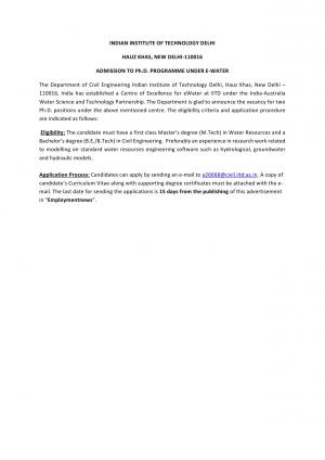IIT Delhi Notified Admission for Ph.D Programme under E-Water Course 2015