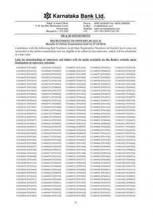 Exam Results Karnataka Bank Ltd Officers Scale I
