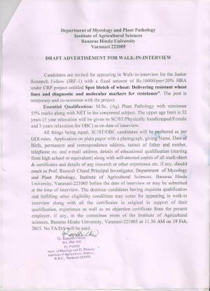 Banaras Hindu University Notified Recruitment to the Post of JRF 2015