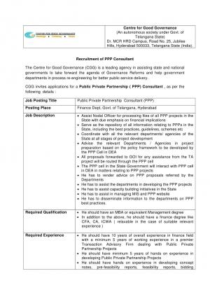 Recruitment Public Private Partnership Consultant in Government of Telangana Hyderabad