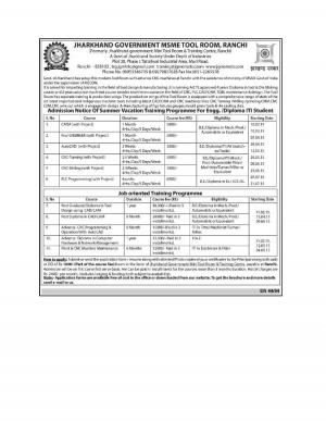 Jharkhand Govt. MSME Tool Room Ranchi Notified Admission for Training Programme 2015