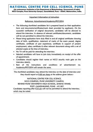 Interview List National Centre for Cell Science RA SRF JRF PA