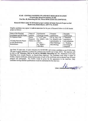 ICAR –CRURRS Hazaribag Notified Recruitment for 01 Senior Research Fellow Post 2015