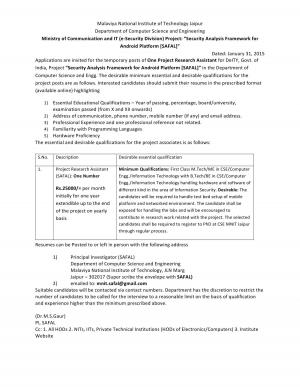 MNIT Jaipur Notified Recruitment for 01 Project Research Assistant Post 2015