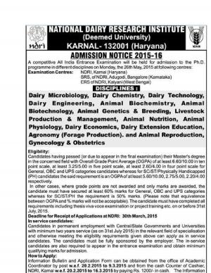 National Dairy Research Institute Notified Admission for PhD Programme 2015
