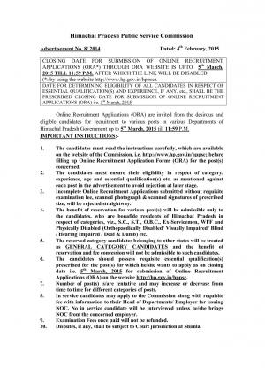 HPPSC Notified Recruitment for 16 Various Posts 2015