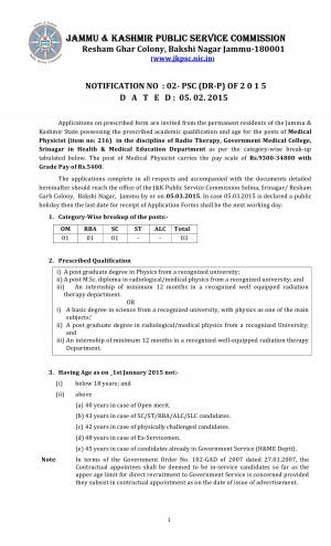 Jammu and Kashmir PSC Notified Medical Physicist Radio Therapy Posts 2015