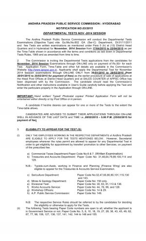 Andhra Pradesh PSC Hyderabad Departmental Test November 2014 Session Time Table
