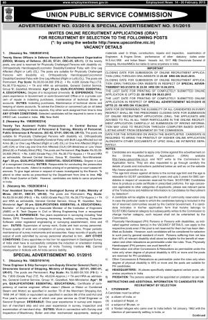 UPSC Notified Recruitment for 49 Various Posts 2015