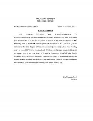 Rajiv Gandhi University Rono Hills Doimukh Walk in Interview 2015