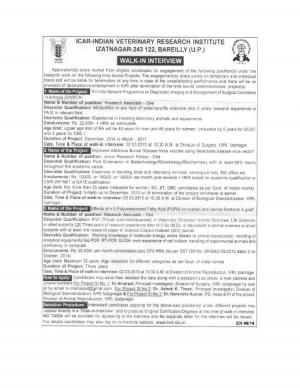 IVRI Izatnagar Notified Recruitment for 03 RA & JRF Posts 2015