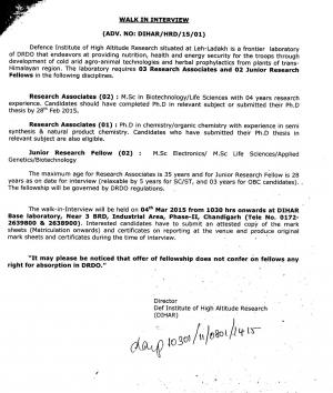 Defence Institute of High Altitude Research Notified Recruitment for 05 RA & JRF Posts 2015