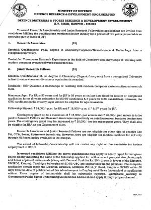 Ministry of Defence Notified Recruitment for 02 RA and JRF Posts 2015