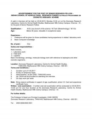 TANUVAS Notified Recruitment to SRF Post 2015  