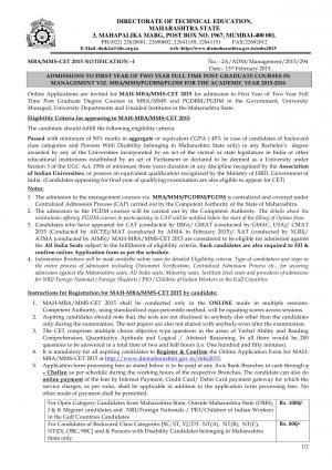 Notification of MBA MMS CET Application 2015 13 Feb 2015