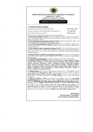 Forest Research Institute University Notified Admission to Master of Science Course 2015