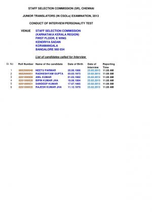 SSC-SR, Chennai Issued Interview Schedule for Junior Translators in CSOLS 2015