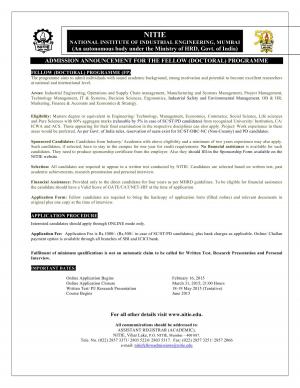 NITIE Notified Admission for Fellow (Doctoral) Programme 2015