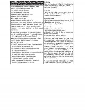 HBCSE Notified Admission to PhD Programme in Science Education 2015