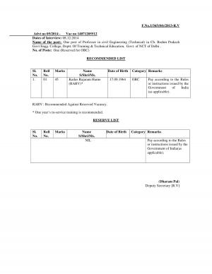 UPSC Declared Interview Result for Professor Post 2014 15