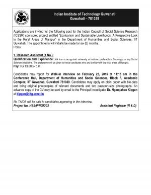 IIT Guwahati Notified Recruitment for 03 Research Assistant 2015