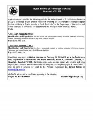 IIT Guwahati Notified Recruitment for 03 Research Associate 2015