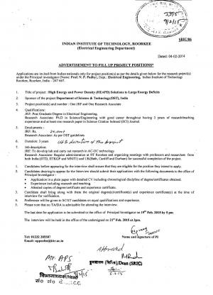 IIT Roorkee Notified Recruitment for 02 JRF and Research Associate Post 2015