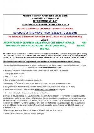 Andhra Pradesh Grameena Vikas Bank Interview List for Office Assistants Posts 2015 