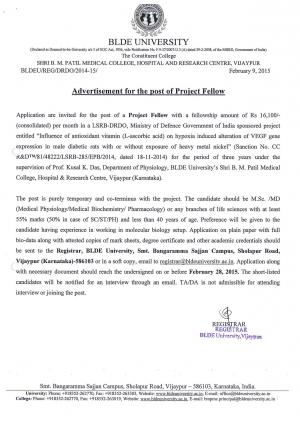 BLDE University Karnataka Notified Recruitment for 01 Project Fellow Post 2015