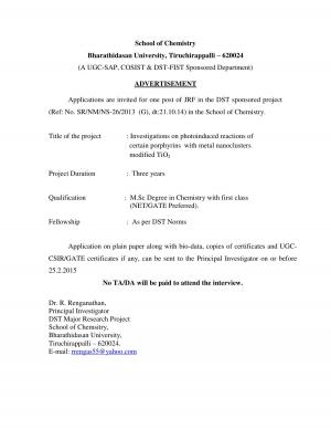 Bharathidasan University Notified Recruitment to the Post of JRF 2015