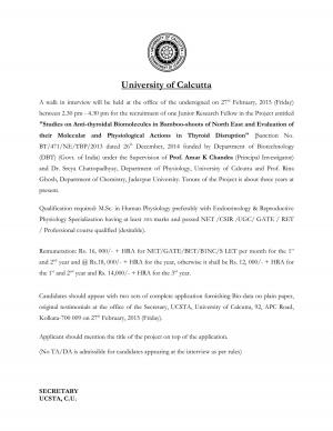 University of Calcutta Notified Recruitment for 01 Post of JRF 2015