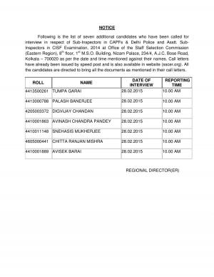 SSC SI in Delhi Police and CAPFs and ASI in CISF Exam 2014 Admit Card for Additional Candidates
