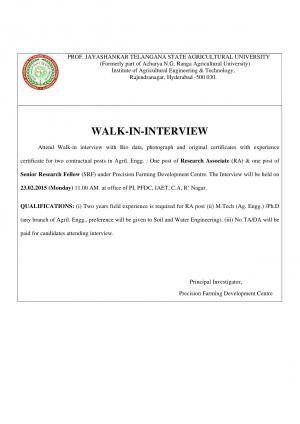 ANGRAU, Hyderabad Notified Recruitment for 02 RA & SRF Posts 2015