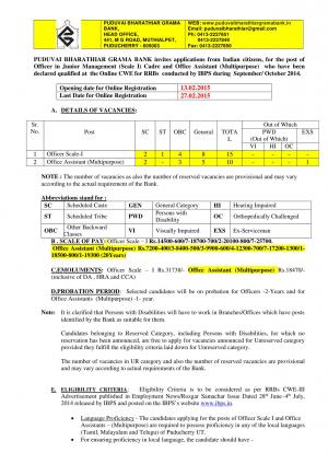 Puduvai Bharathiar Grama Bank Puducherry Notified Recruitment for 25 Various Posts 2015
