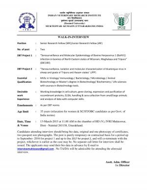 IVRI Notified Recruitment to the Post of SRF/JRF 2015