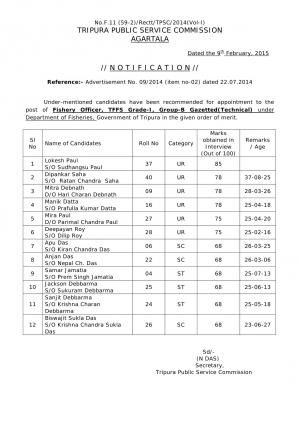 Tripura Public Service Commission, Agartala Announced Final Result for Fishery Officer 2015