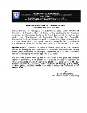 IIP Mumbai Notified Recruitment for Research Associate Post 2015