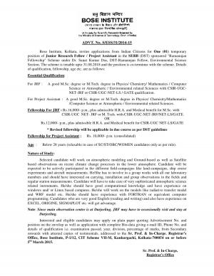 Bose Institute Kolkata Notified Recruitment for 01 JRF Project Assistant Post 2015