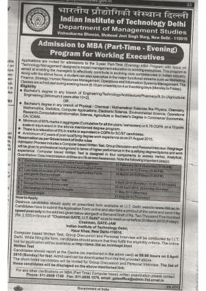 IIT Delhi Notified Admission for MBA (Part Time Evening) Program 2015