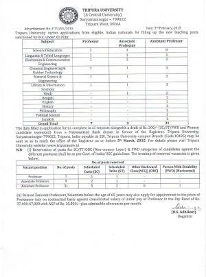 Tripura University Notified Recruitment for 47 Teaching Posts 2015 